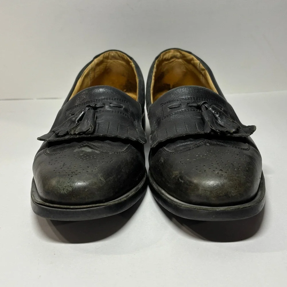 Sandro Moscoloni Tassel Loafers Mens 10 Black Fair Kiltie Wingtip Leather 8101‎